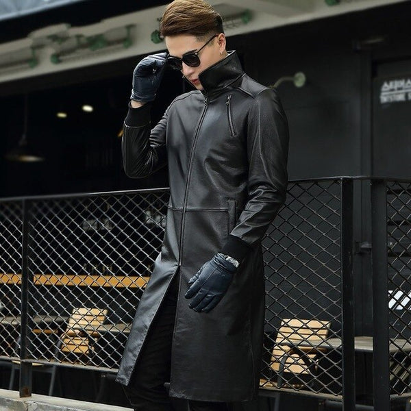 Genuine Leather Windbreaker Men Slim Fit Stand Collar Warm Overcoat Winter Formal Long Coat Men Cow Leather Jacket Plus Size 4XL
