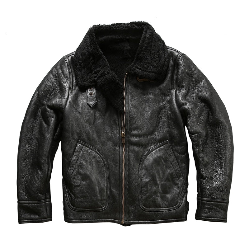 8015 high quality super warm genuine sheep leather jacket mens big size B3 shearling bomber military fur jacket