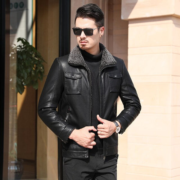 Plus 10XL 8XL 6XL Men Leather Jacket Autumn Winter Warm Fur Lining Lapel Leather outerwear layer дубленка мужская кожаная Coat