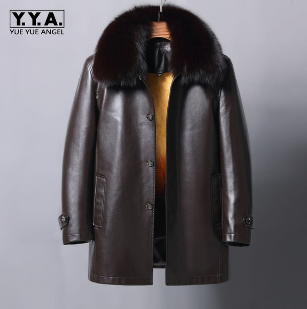 Smart Casual Detachable Fox Fur Collar Rex Rabbit Fur Mens Faux Leather Jackets Single Breasted Loose Medium Length Overcoats