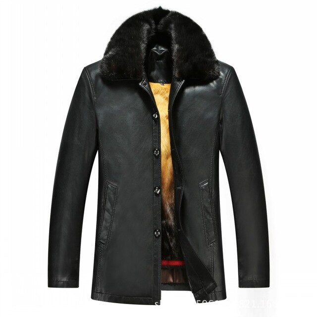 Smart Casual Detachable Fox Fur Collar Rex Rabbit Fur Mens Faux Leather Jackets Single Breasted Loose Medium Length Overcoats
