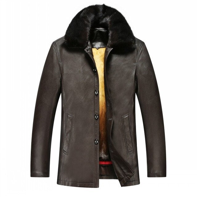 Smart Casual Detachable Fox Fur Collar Rex Rabbit Fur Mens Faux Leather Jackets Single Breasted Loose Medium Length Overcoats