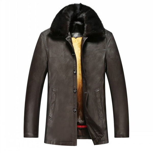 Smart Casual Detachable Fox Fur Collar Rex Rabbit Fur Mens Faux Leather Jackets Single Breasted Loose Medium Length Overcoats