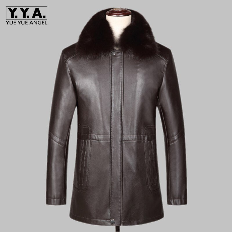 Luxury Men High Quality Leather Jacket 2019 New Mink Fur Collar Rabbit Fur Liner Winter Thick Outerwear Business Casual Coat