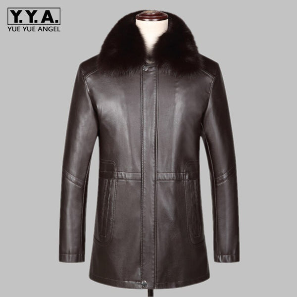 Luxury Men High Quality Leather Jacket 2019 New Mink Fur Collar Rabbit Fur Liner Winter Thick Outerwear Business Casual Coat
