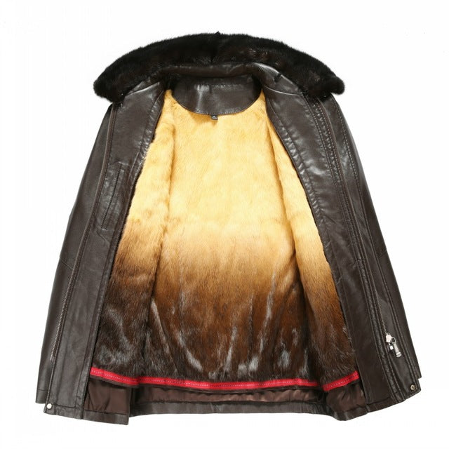 Luxury Men High Quality Leather Jacket 2019 New Mink Fur Collar Rabbit Fur Liner Winter Thick Outerwear Business Casual Coat