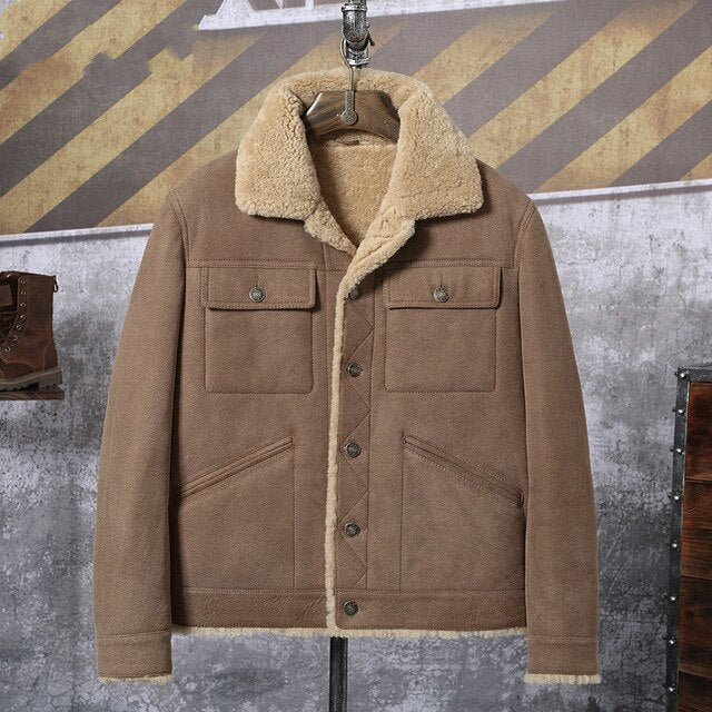 New Winter Thicker Fur one Genuine Leather Coat Men's Single-breasted Sheepskin Leather Jacket Men Shearling  Brown Coats
