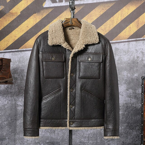 New Winter Thicker Fur one Genuine Leather Coat Men's Single-breasted Sheepskin Leather Jacket Men Shearling  Brown Coats