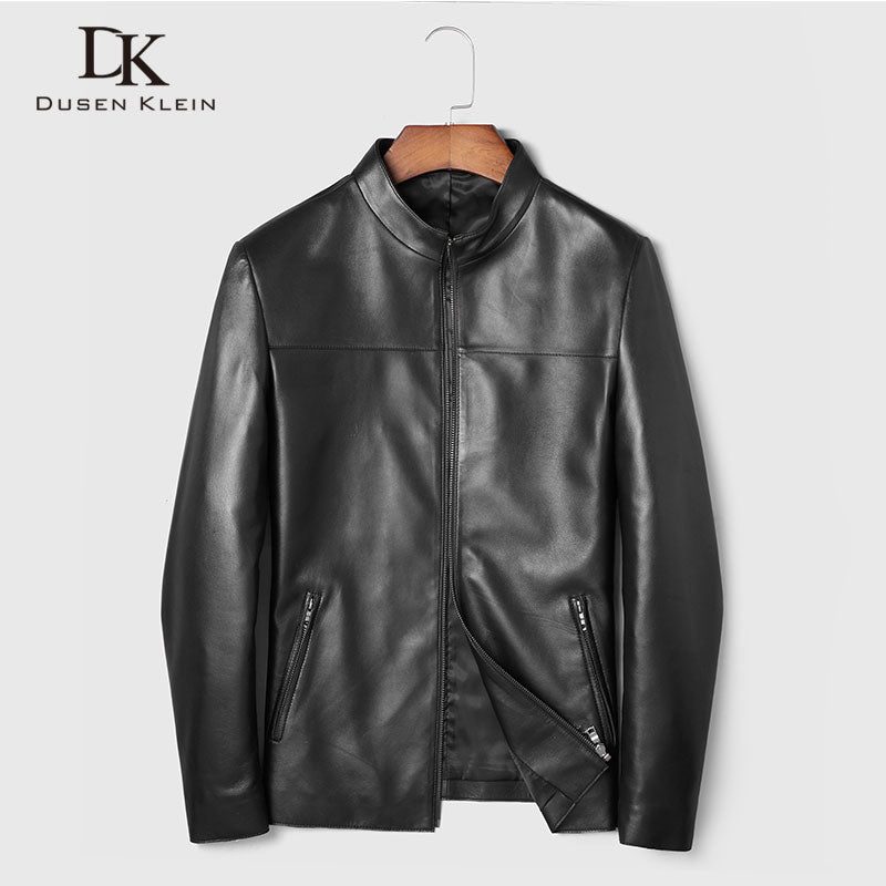 Men Genuine Leather Jacket Real Sheepskin Jackets Casual Short Black Stand Collar Pockets 2019 Autumn New Jacket for Man 19C211
