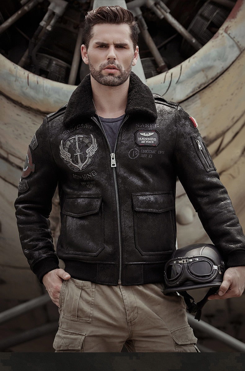 Shearling Sheepskin Genuine Leather Coat B3 Bomber Jacket Retro Aviator Outerwear Trench Flight Men Winter Slim Stylish Jacket