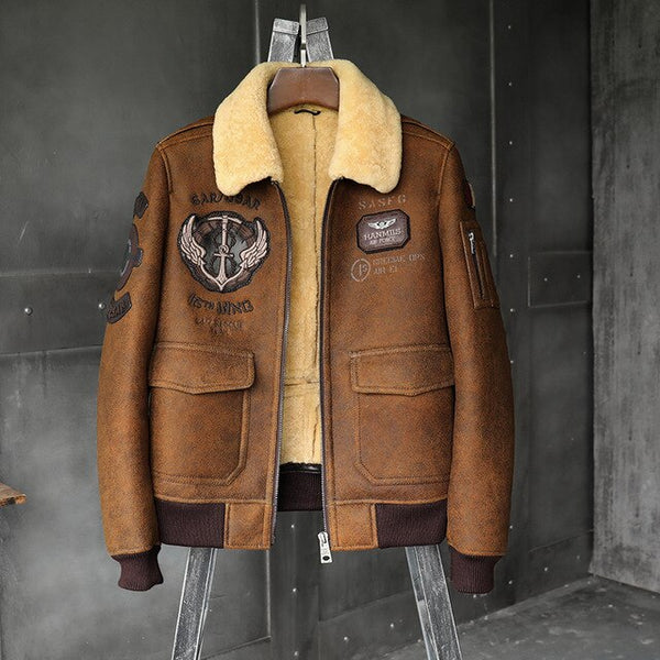 Shearling Sheepskin Genuine Leather Coat B3 Bomber Jacket Retro Aviator Outerwear Trench Flight Men Winter Slim Stylish Jacket