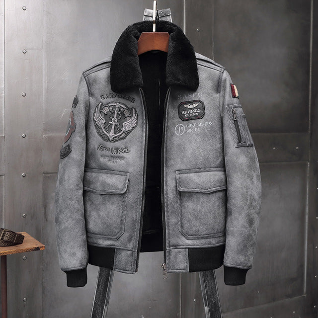 Shearling Sheepskin Genuine Leather Coat B3 Bomber Jacket Retro Aviator Outerwear Trench Flight Men Winter Slim Stylish Jacket