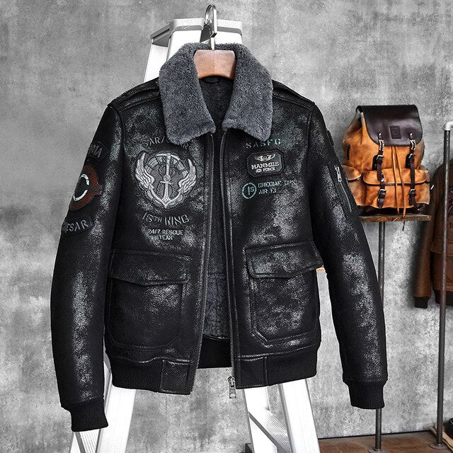 Shearling Sheepskin Genuine Leather Coat B3 Bomber Jacket Retro Aviator Outerwear Trench Flight Men Winter Slim Stylish Jacket