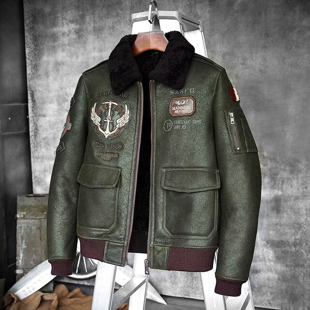 Shearling Sheepskin Genuine Leather Coat B3 Bomber Jacket Retro Aviator Outerwear Trench Flight Men Winter Slim Stylish Jacket