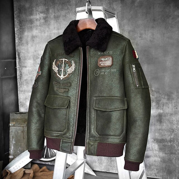 Shearling Sheepskin Genuine Leather Coat B3 Bomber Jacket Retro Aviator Outerwear Trench Flight Men Winter Slim Stylish Jacket