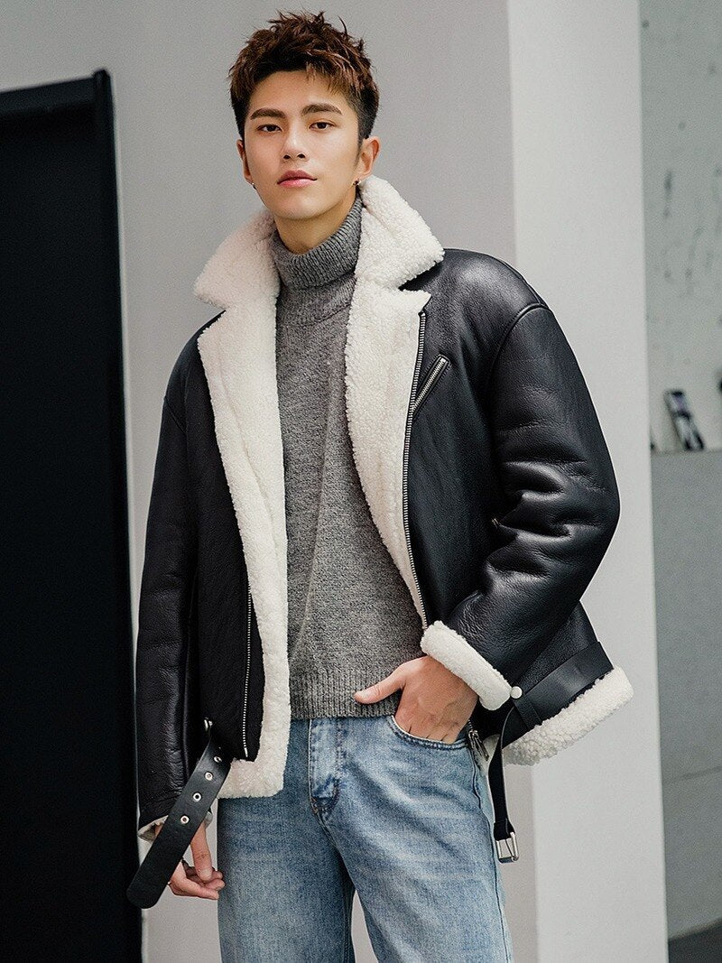 Genuine Leather Jacket Men Winter Real Fur Coat Shearling Motorcycle Jacket Man Fashion Men's Leather Jacekts 19188 KJ3322