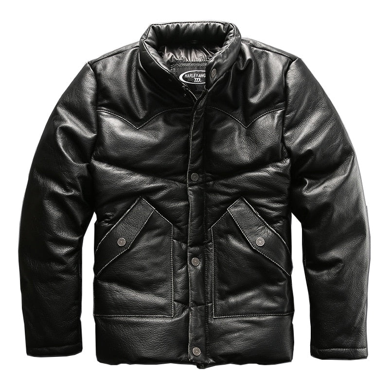 european size high quality super warm genuine cow skin leather jacket mens big size cowhide leather down jacket HA-5