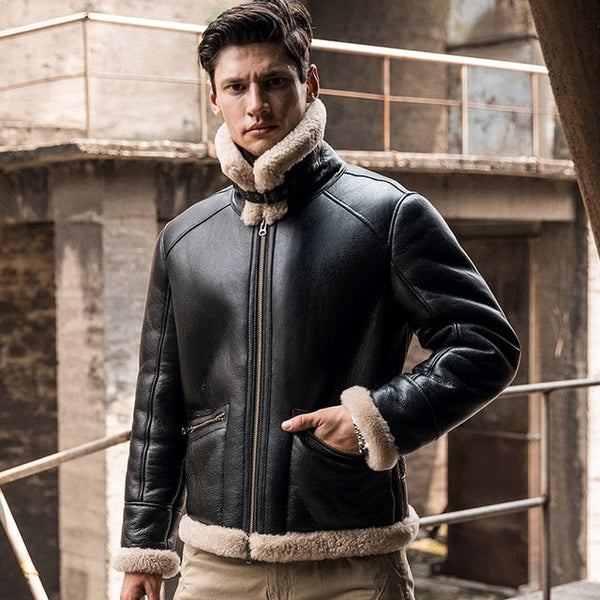 New Men Winter Thicker Fur One Leather Coat Men's Sheepskin Leather Jacket High-end Mens Shearling Locomotive Fur Air Force Suit