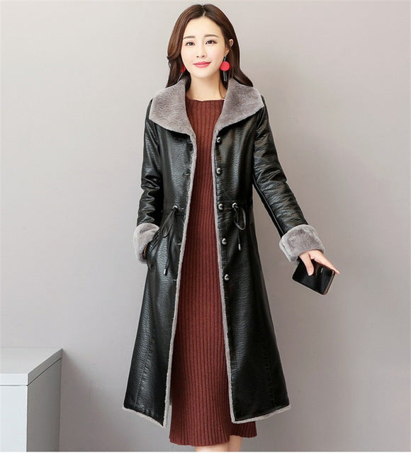 2019 Winter Warm Leather Jacket Women Fashion Sheepskin Coat Long Lamb Cashmere Outerwear Black Large Size 5XL M384