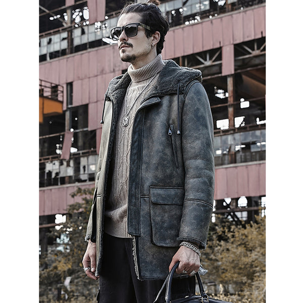 2019 New Mens Gray Sheepskin Shearling Jacket Long Leather Jacket Hooded Fur Coat Fashion Winter Mens Coats Trench Coat