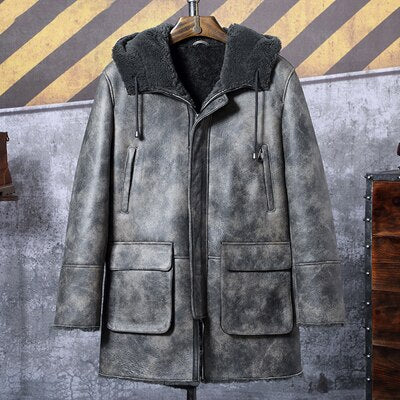2019 New Mens Gray Sheepskin Shearling Jacket Long Leather Jacket Hooded Fur Coat Fashion Winter Mens Coats Trench Coat
