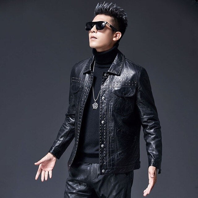 Mens Rivet Fashion Moto Biker Leather Jacket Clothing Leather Sheepskin Slim Fit Coats Male Zippers Long Sleeve Natural Leather