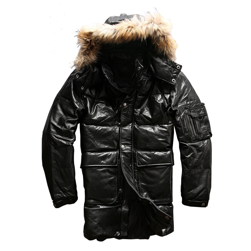 Read Description! Asian size quality super warm genuine cow skin duck down leather jacket mens cowhide leather duck down jacket