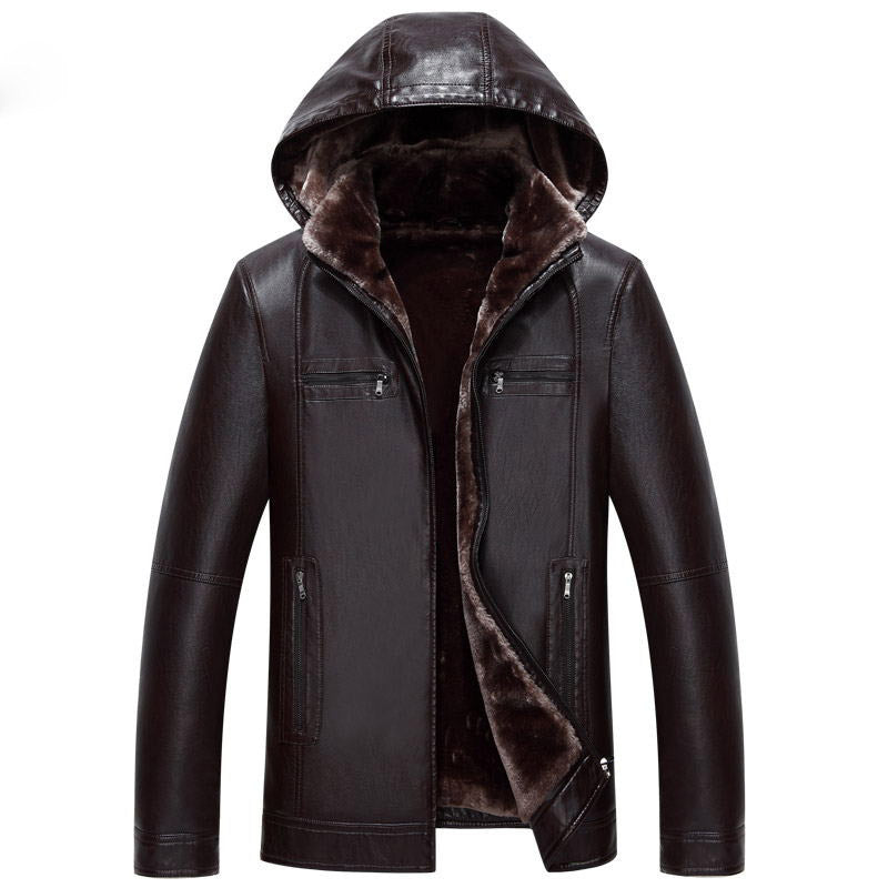 Suitable for Men's Fur one Leather Men's long Hooded leather jacket 2018 Winter Imitation Fur jacket More size M-XXXL 4XL 5XL