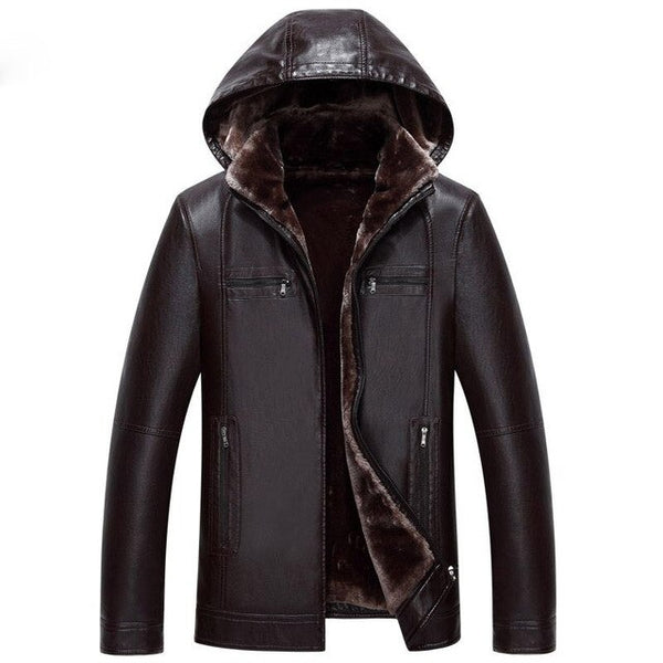 Suitable for Men's Fur one Leather Men's long Hooded leather jacket 2018 Winter Imitation Fur jacket More size M-XXXL 4XL 5XL