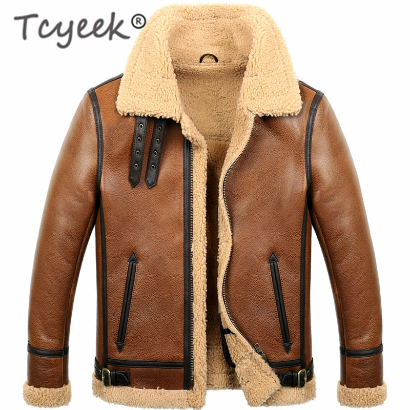 Tcyeek Real Fur Coat Winter Men Clothes 2019 100% Genuine Leather Jacket Sheep Shearling Bomber Jacket Sheepskin Coat Hiver M860