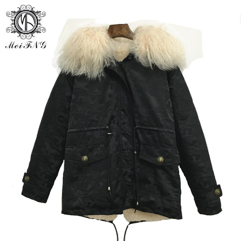 Parkas 2019 Popular Camouflage Jacket Short Real Lamb Fur Collar Casual  Jacket Men With Hoodies