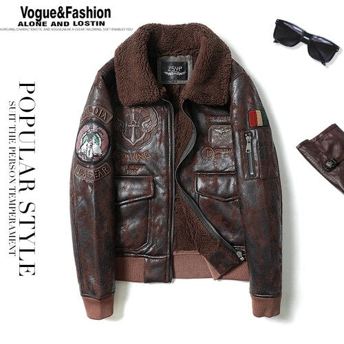 Mens Leather Jacket Fur Collar Flight Jacket Motorcycle Jacket