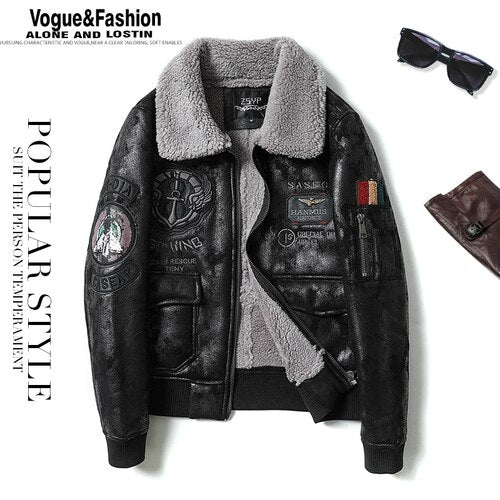 Mens Leather Jacket Fur Collar Flight Jacket Motorcycle Jacket