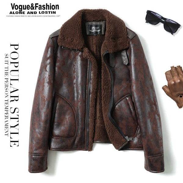 Mens Leather Jacket Fur Collar Flight Jacket Motorcycle Jacket