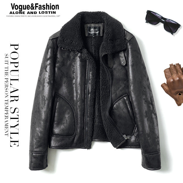 Mens Leather Jacket Fur Collar Flight Jacket Motorcycle Jacket