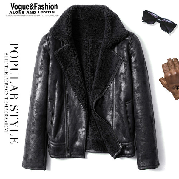 Mens Leather Jacket Fur Collar Flight Jacket Motorcycle Jacket