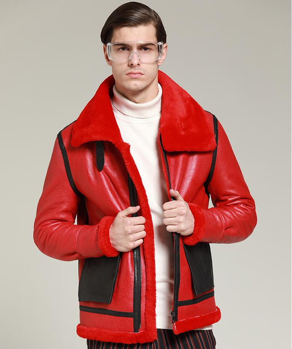 New arrival Mens Leather Jacket High Quality Men's Red short warm fur coat Original ecological sheep fur one male leather coat