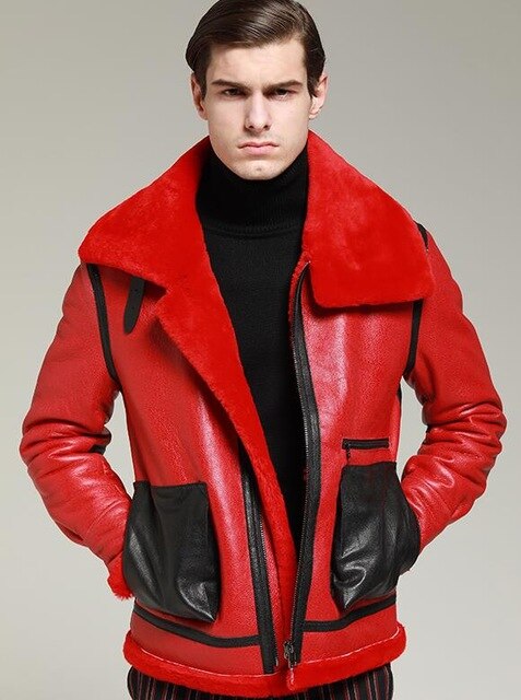 New arrival Mens Leather Jacket High Quality Men's Red short warm fur coat Original ecological sheep fur one male leather coat