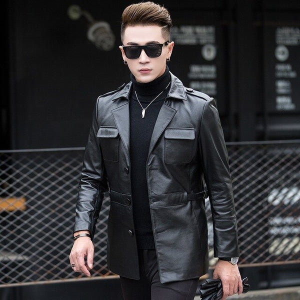 2019 New Winter Mens Cow Leather Mid Long Jacket Slim Fit Business Man Single Breasted Genuine Leather Jacket Suit Wind Coat 4XL