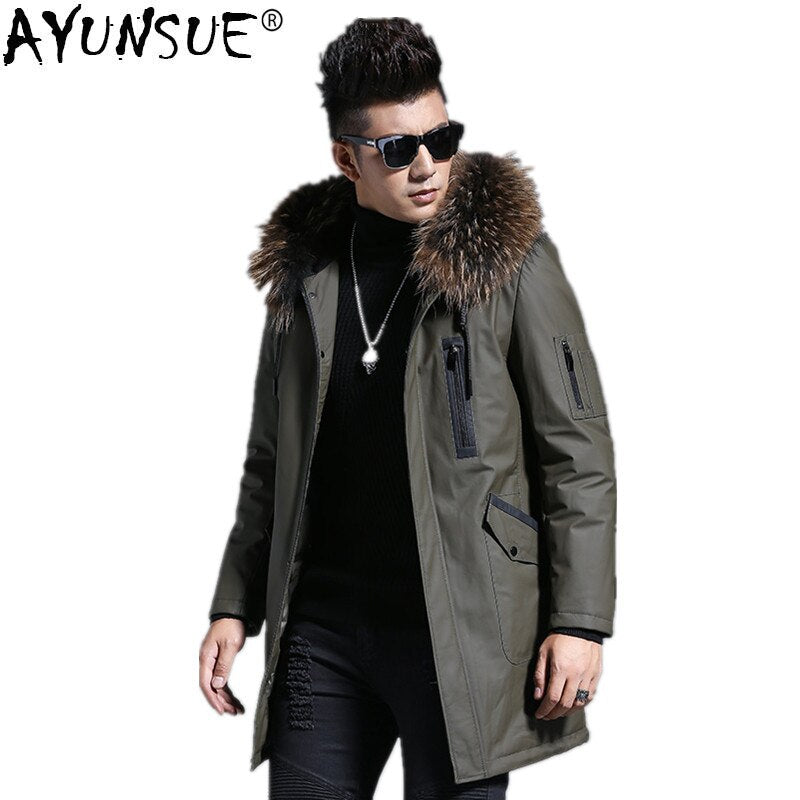 AYUNSUE Men's Genuine Leather Jacket Winter Down Jacket Men Raccoon Fur Collar Long Coat Luxury Cow Leather Jackets K2373 MY1439