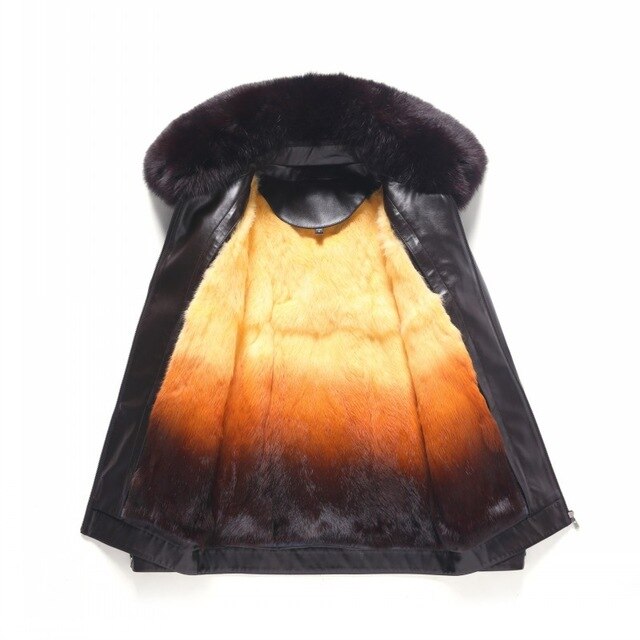 Winter Rabbit Real Fur Lining Warm Mens High Quality Pu Leather Jacket Real Fox Fur Collar Business Slim Fit Thick Coat 4XL