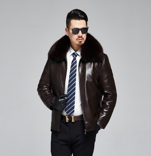 Winter Rabbit Real Fur Lining Warm Mens High Quality Pu Leather Jacket Real Fox Fur Collar Business Slim Fit Thick Coat 4XL