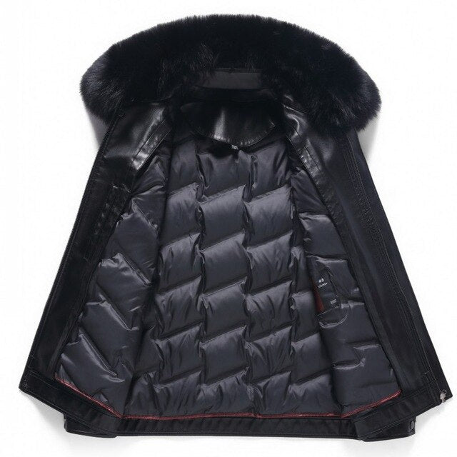 Winter Rabbit Real Fur Lining Warm Mens High Quality Pu Leather Jacket Real Fox Fur Collar Business Slim Fit Thick Coat 4XL