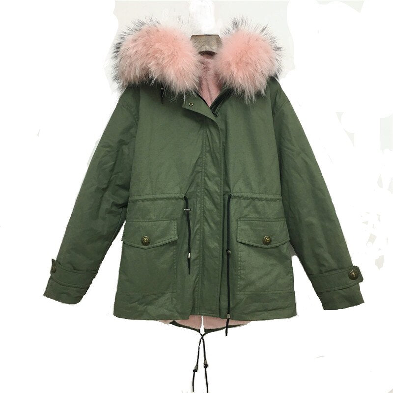 Jacket In Apparel For Men Pink Real Raccoon Fur Collar Coat  Winter Parka For Faux Fur Coat