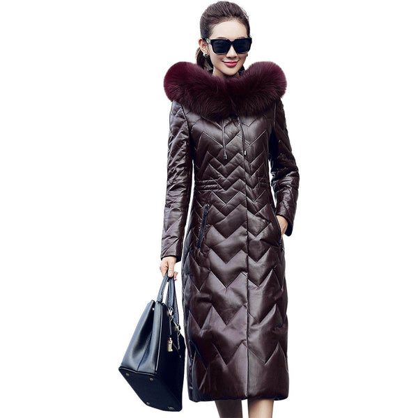 2019 New Arrival Winter 100% Real Sheepskin Coat Women's Genuine Leather Jacket Fox Fur Hooded Long Down Jacket Female Outerwear