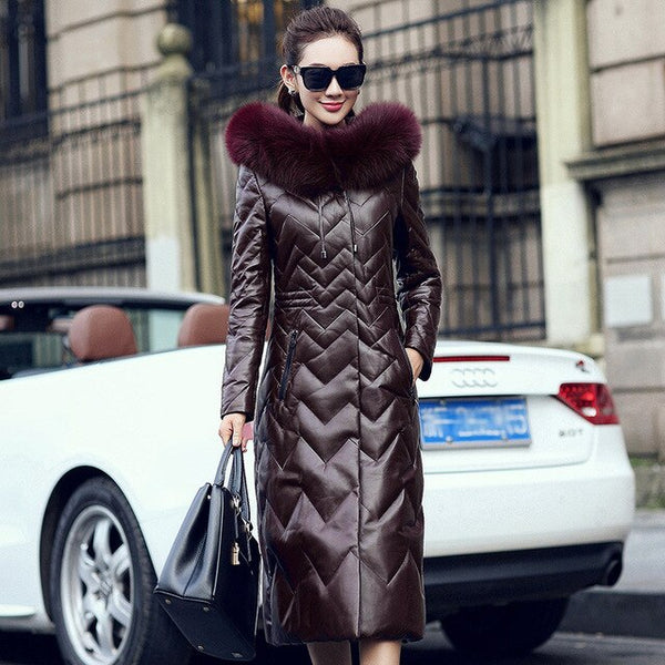 2019 New Arrival Winter 100% Real Sheepskin Coat Women's Genuine Leather Jacket Fox Fur Hooded Long Down Jacket Female Outerwear