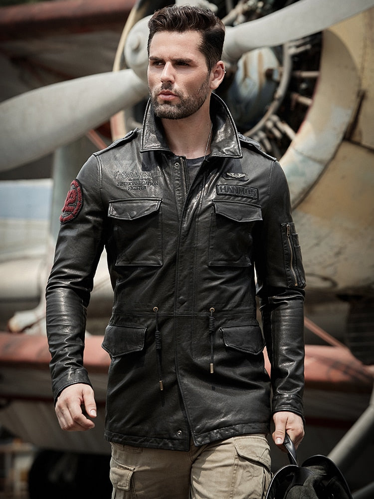 Men's Winter Real Genuine Leather long Jackets Motorcycle Flight Pilot Bomber Jackets For Men Outdoor Jacket Male Aviator Coats