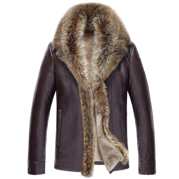 Men's Leather Jacket Lambs Wool Genuine Leather Jacket Male Thick Raccoon Fur Collar Jaqueta Couro Masculino Plus Size  MZ1105