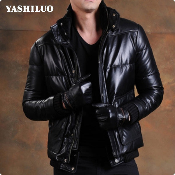 Retro Sheepskin 100% Real Leather Short Jackets Duck Down Male Coat Stand Collar High Quality Motorcycle Blouson Cuir Homme