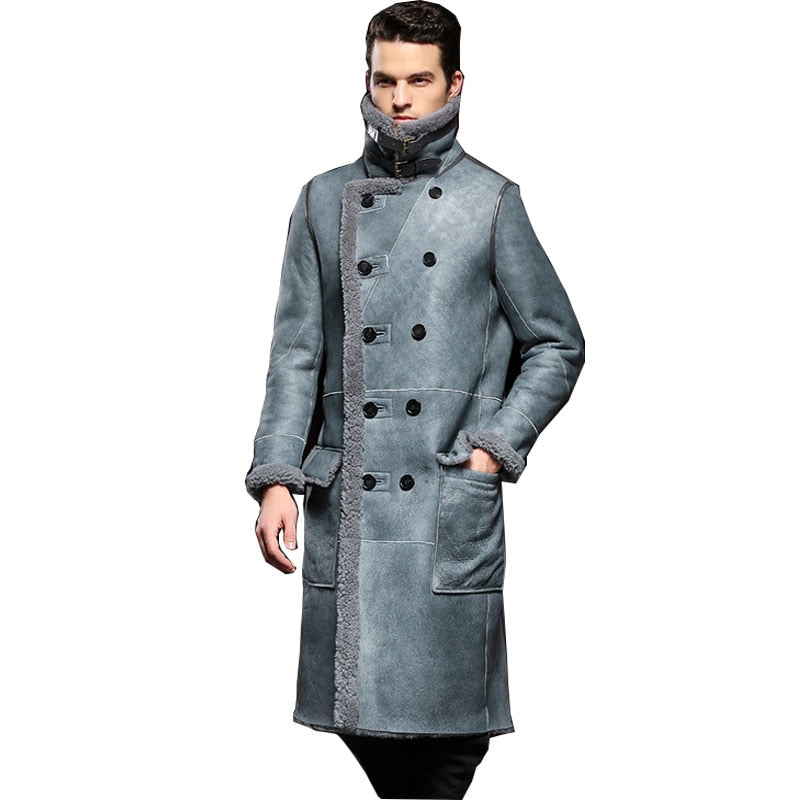 Long Leather Jacket,Mandarin Collar,Sheepskin,Coat Male,Leather Jacket Men,Mens Leather Jacket